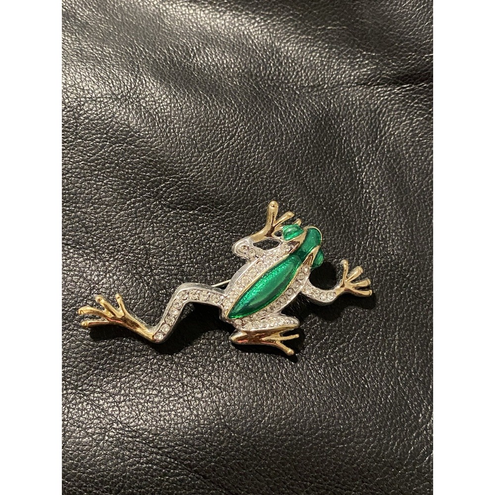 Vintage Frog Jump Green Enamel and Crystal Rhinestones Gold Tone Brooch 2.25"